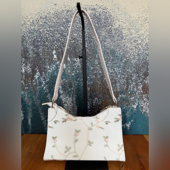 None Handbags - Floral Embroidered Faux Leather Baguette‎ Bag
